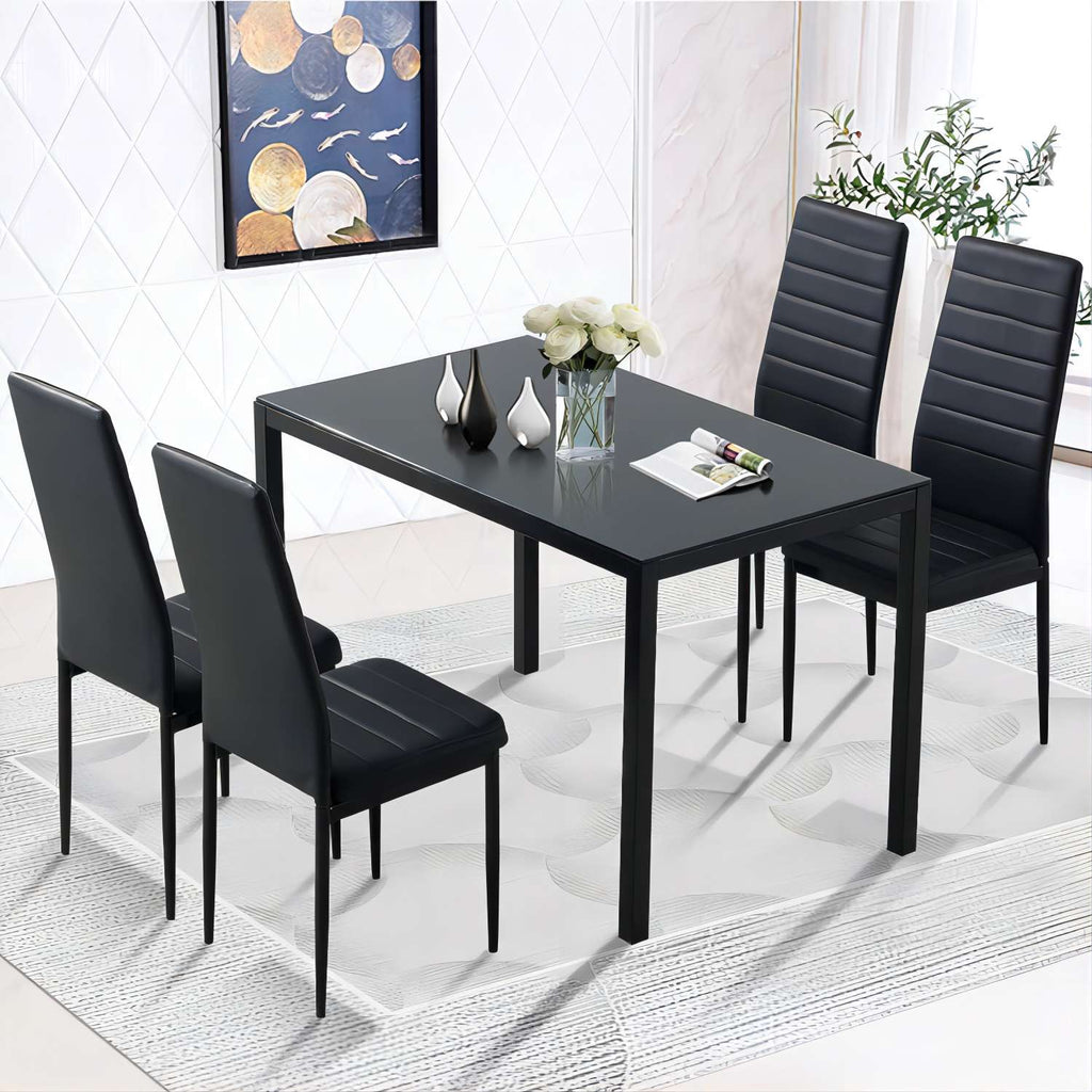 5 Piece Dining Table Set with Tempered Glass Table and 4 Faux Leather Chairs C5909