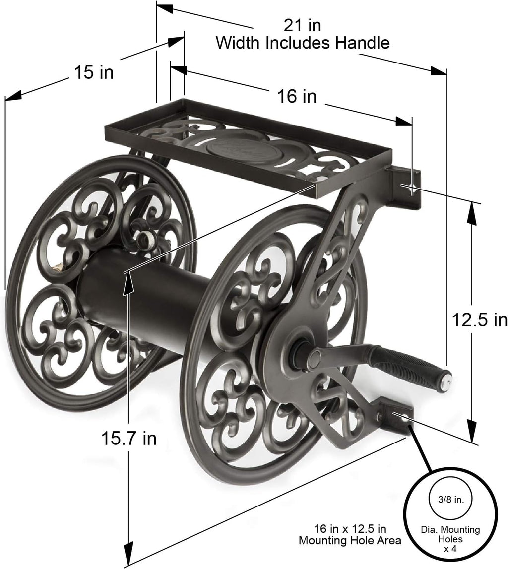 Steel Decorative Wall Mount Garden Hose Reel, Holds 125-Feet of 5/8-Inch Hose, Bronze X565