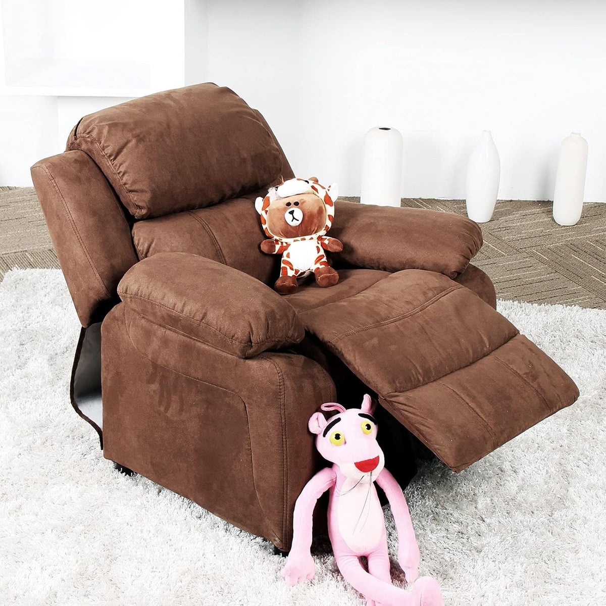 Light Brown Padded Leather Recliner with Storage Arms I428