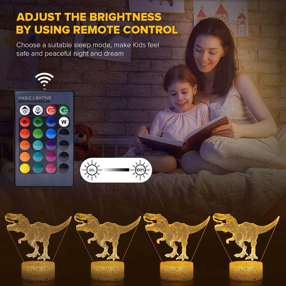 3D Dinosaur Night Light with Remote, 7 Colors + 16 Colors Changing Dimmable T Rex D351