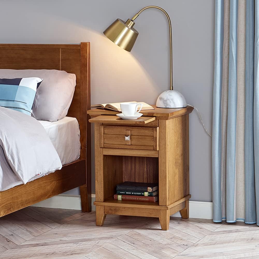Teak Finish Wood Nightstand with Drawer and Pull-Out Tray V286463