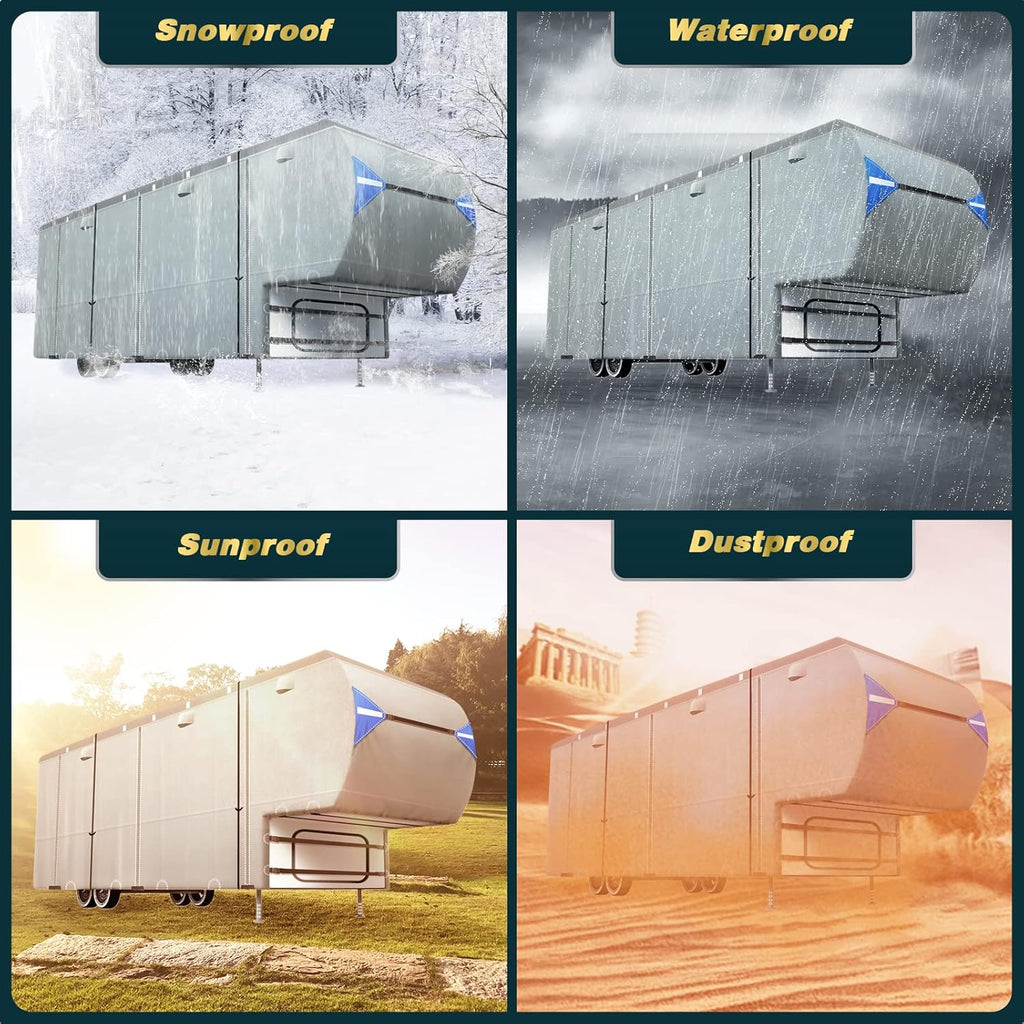 5th Wheel Travel Trailer Cover, 6 Layers Top RV Cover for 33’-37’ RV, Waterproof with 4 Tire Covers & 6 Gutter Covers J4426