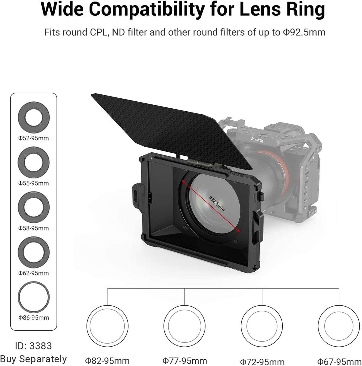 Mini Matte Box Lite with Top Flag for DSLRs and Mirrorless Cameras, Compatible with 67mm/72mm/77mm/82mm/95mm Lenses, with Filter Tray S5801