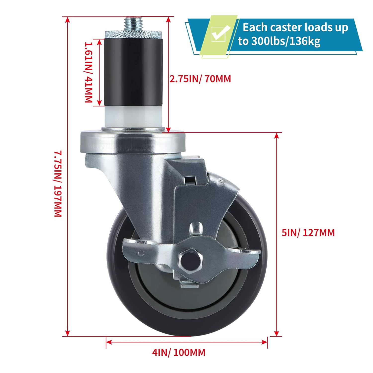 4 Pcs Stainless Steel Expanding Stem Casters C952