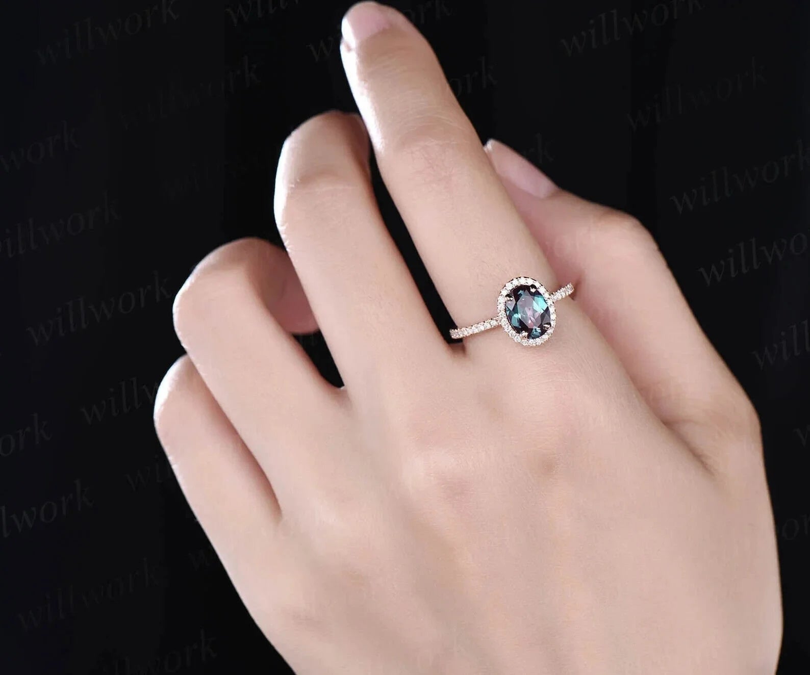 Oval Alexandrite Ring 14k Rose Gold Halo Ring T656737