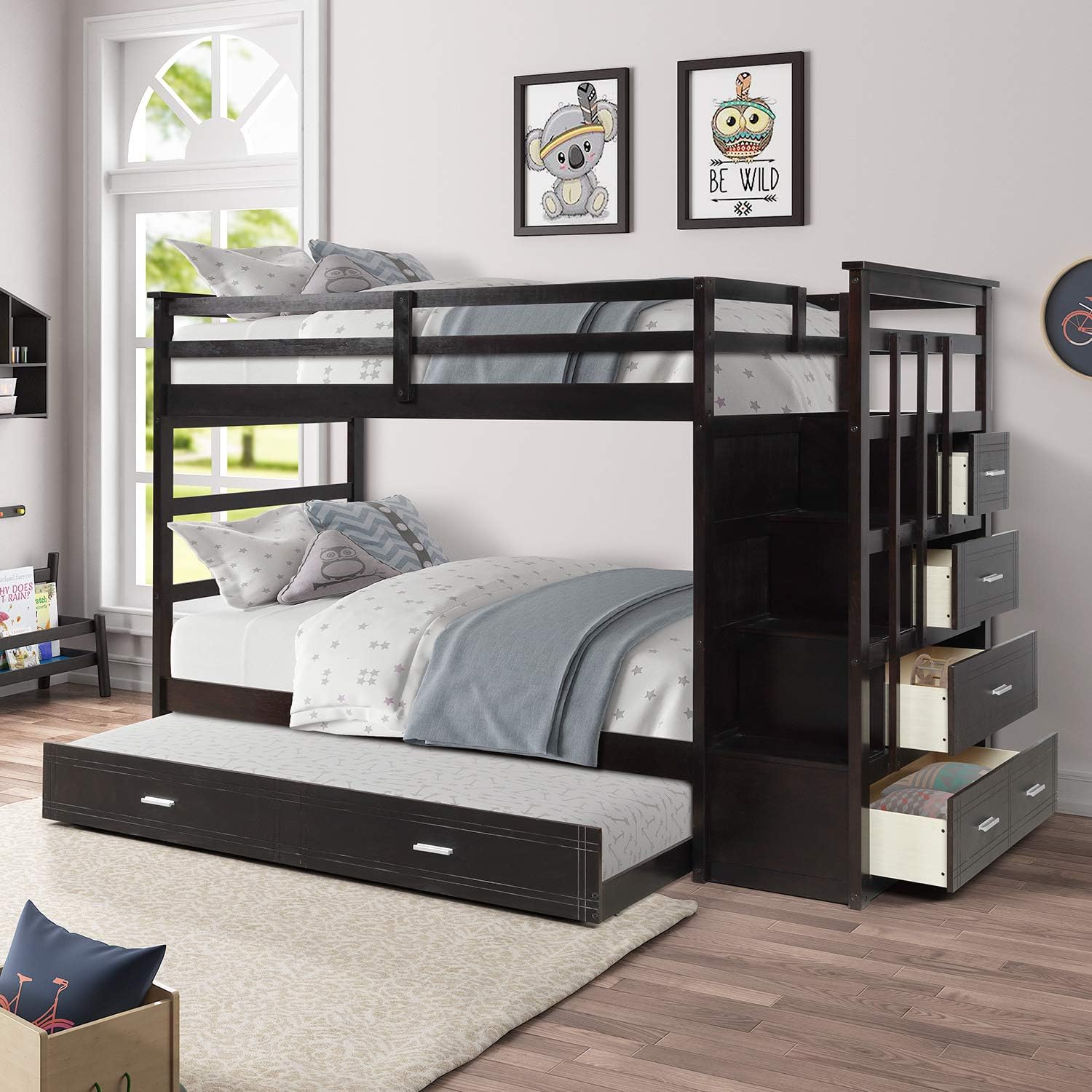 White Wood Twin Over Twin Bunk Bed with Trundle, Staircase, 4 Storage Drawers D47314
