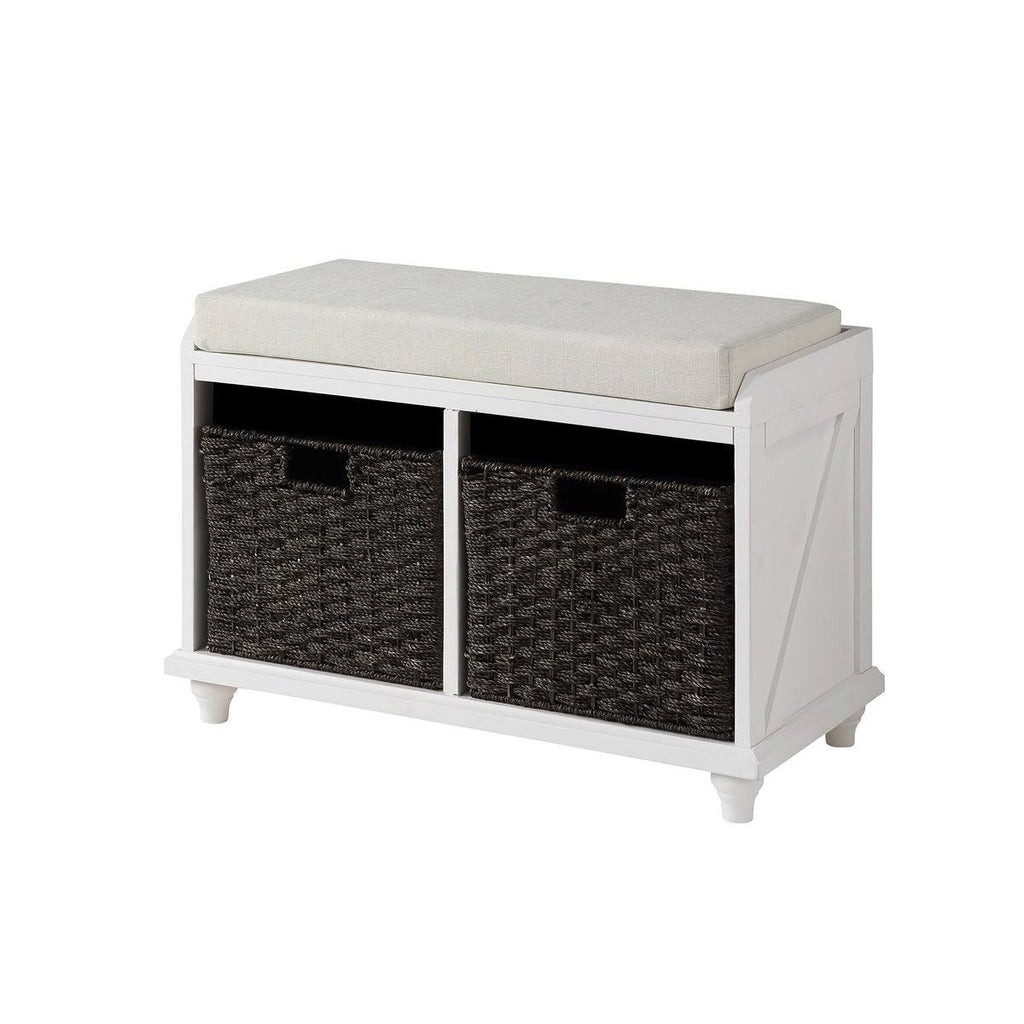 White Wood Storage Bench with 2 Woven Baskets M606377