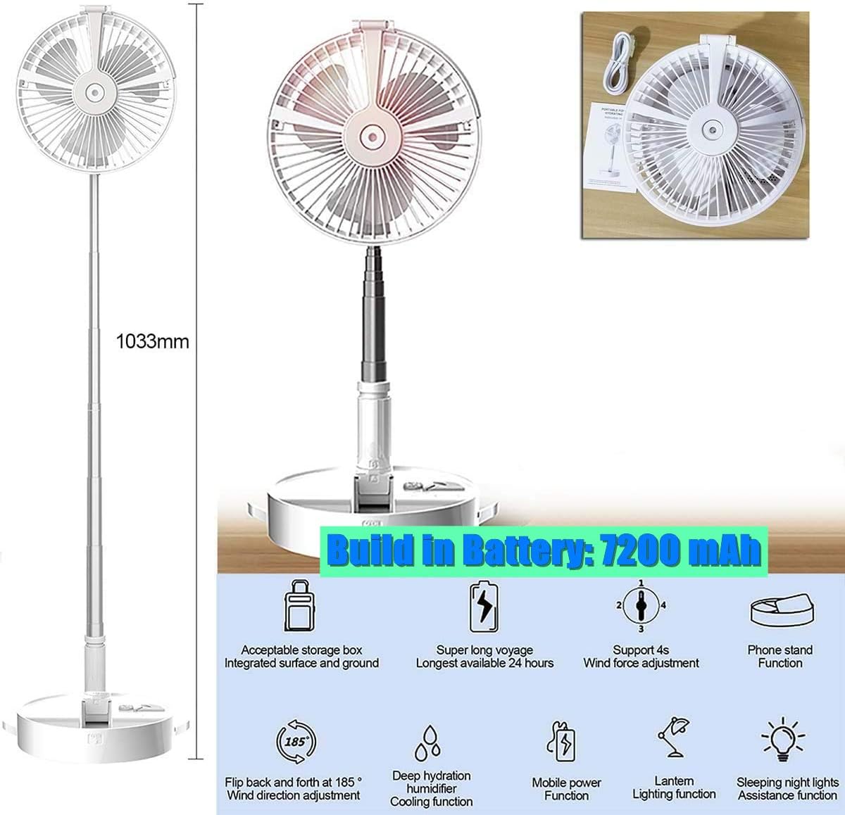 USB Rechargeable Folding Floor Fan with Mister and LED Lamp S349371
