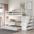 White Wood Twin Over Twin Bunk Bed with Trundle, Staircase, 4 Storage Drawers D47314