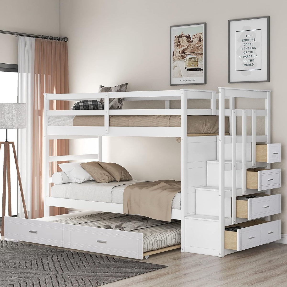 White Wood Twin Over Twin Bunk Bed with Trundle, Staircase, 4 Storage Drawers D47314