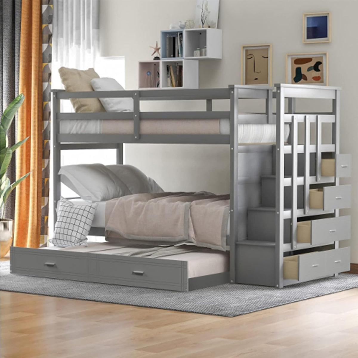 White Wood Twin Over Twin Bunk Bed with Trundle, Staircase, 4 Storage Drawers D47314