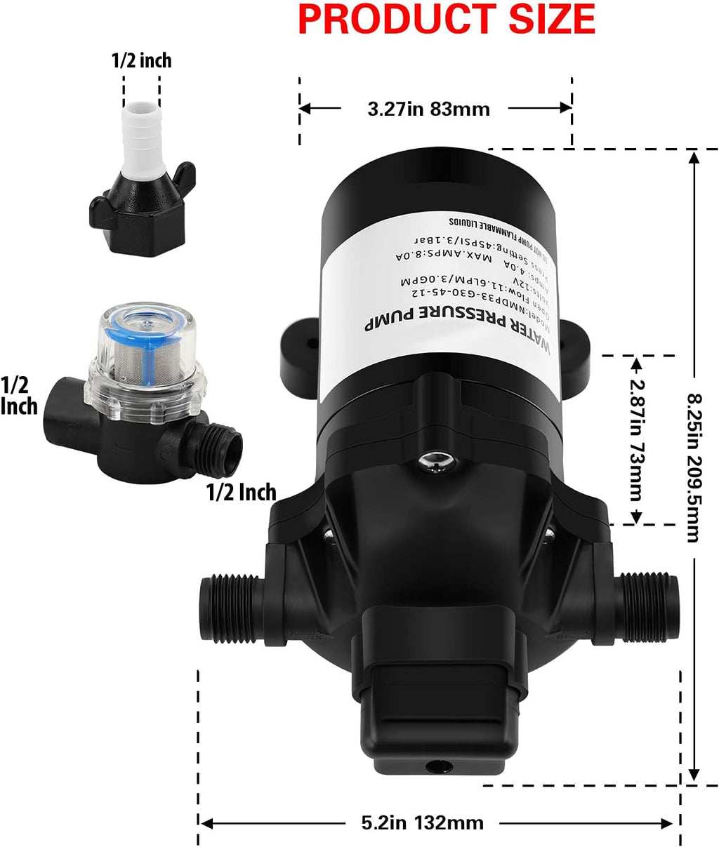 DC 12v 3.0 GPM 45 PSI Fresh Water Pump with Water Filter A137