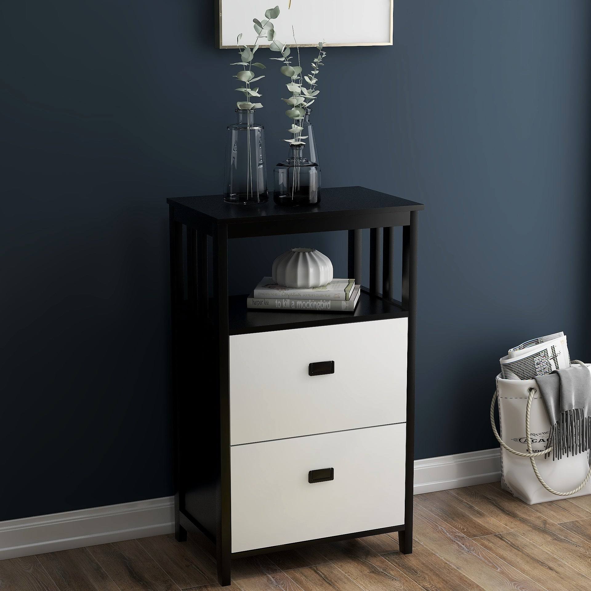 Black 2 Drawers Lateral File Cabinet with Open Compartment H682
