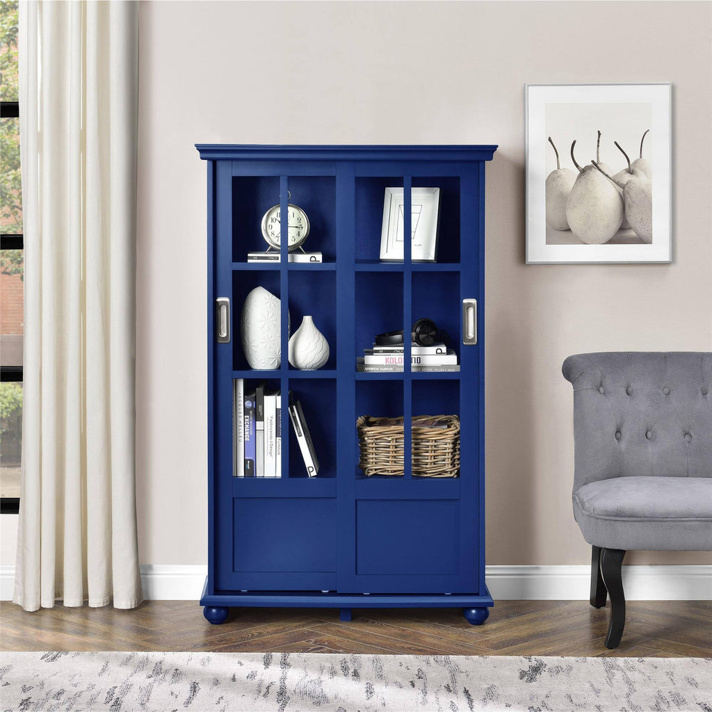 Blue Bookcase with Sliding Glass Doors W395