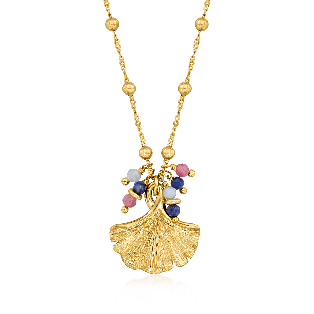 Multi-Gemstone Bead Ginkgo Leaf Necklace in 24kt Gold Over Sterling R6334