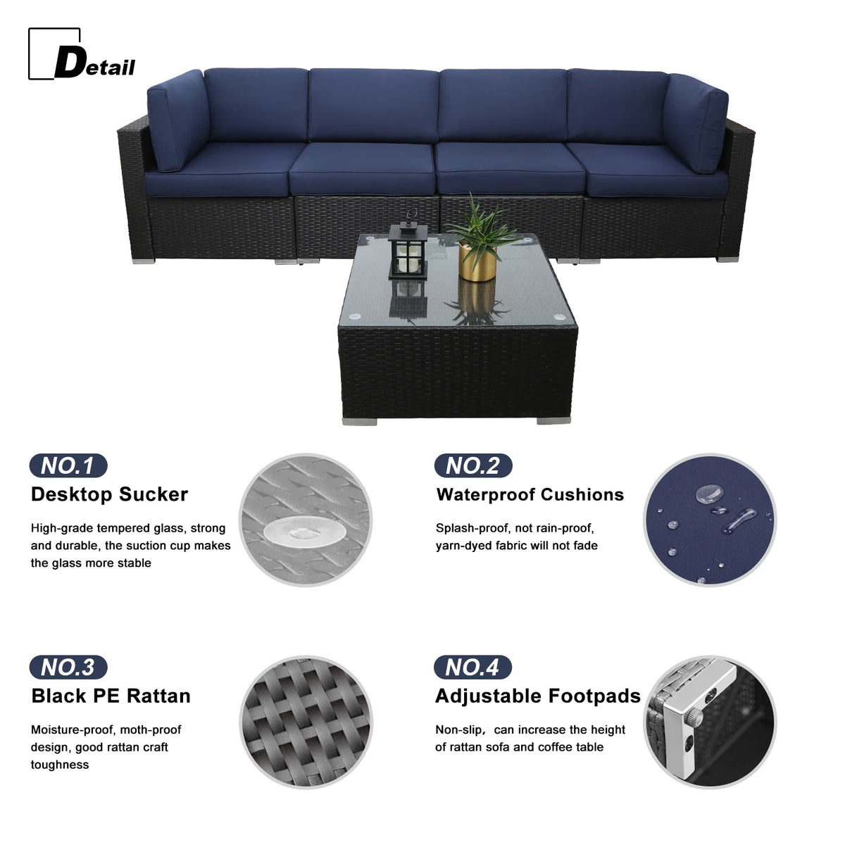 5 Pcs PE Rattan Patio Conversation Set O78626