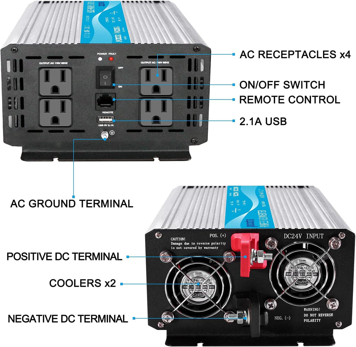 1000 watt Pure Sine Wave Power Inverter 12V to 110V with 4 AC E873995