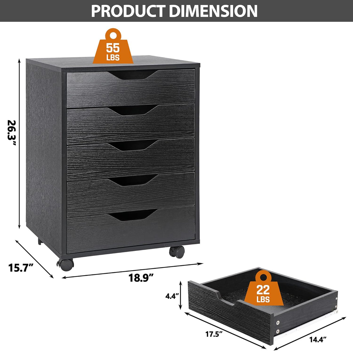 5 Drawer Mobile Wood Filing Cabinet with Lockable Casters, Black, Pack of 2 U86878