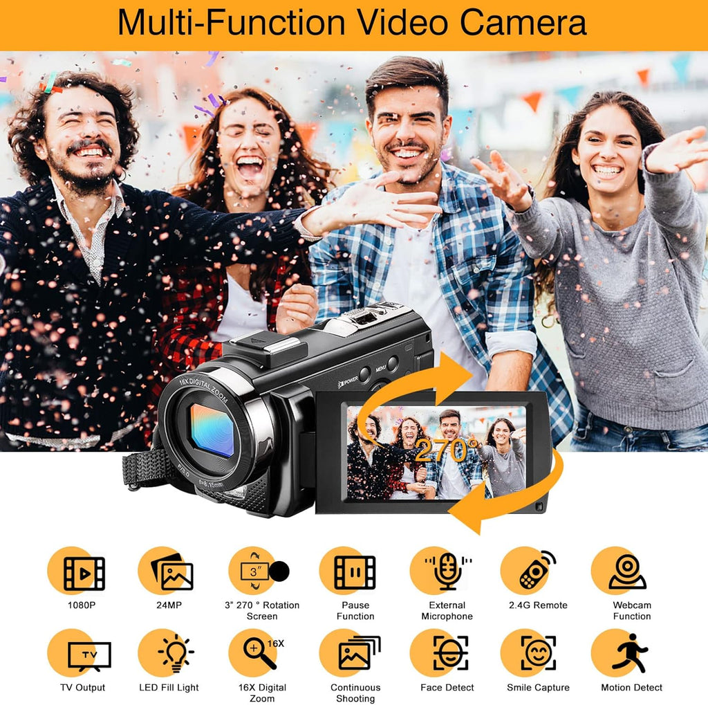 FHD 1080P 30FPS 24MP 3.0 Inch 270° Rotation Screen Digital Vlogging Camera with Microphone, Remote Control, 2 Batteries D350