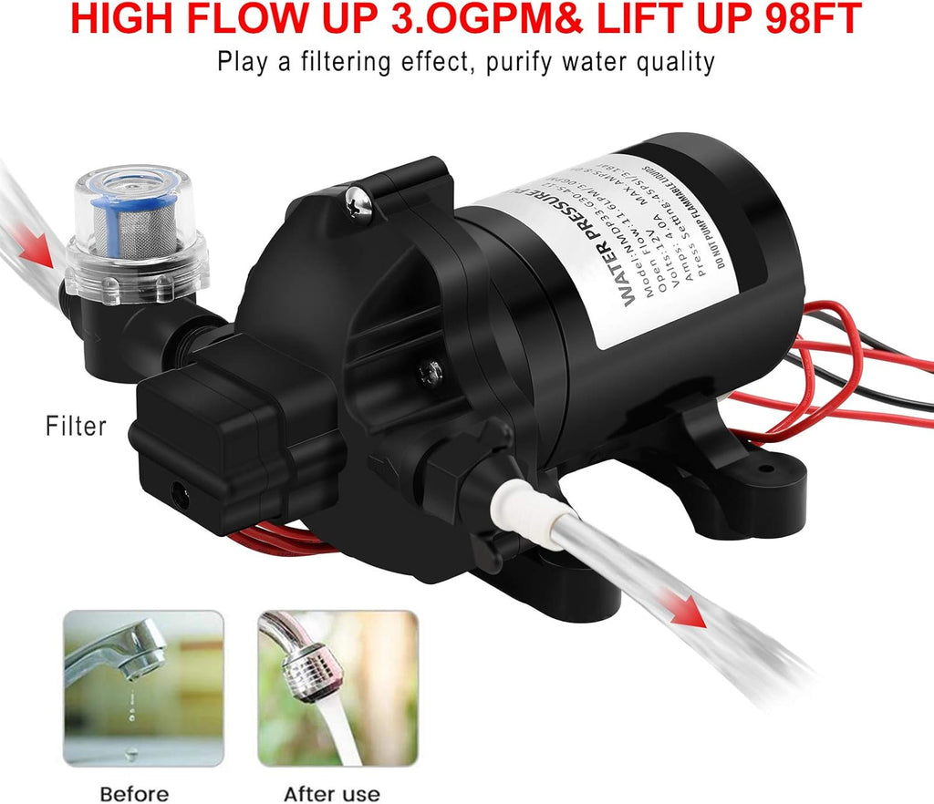 DC 12v 3.0 GPM 45 PSI Fresh Water Pump with Water Filter A137