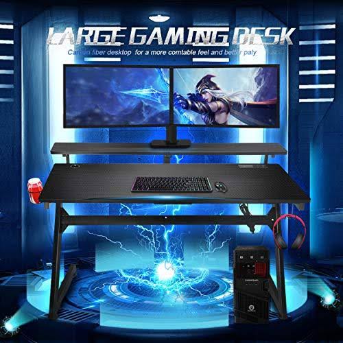 Black 55 inch Gaming Desk with Cup Holder and Headphone Hook W8023