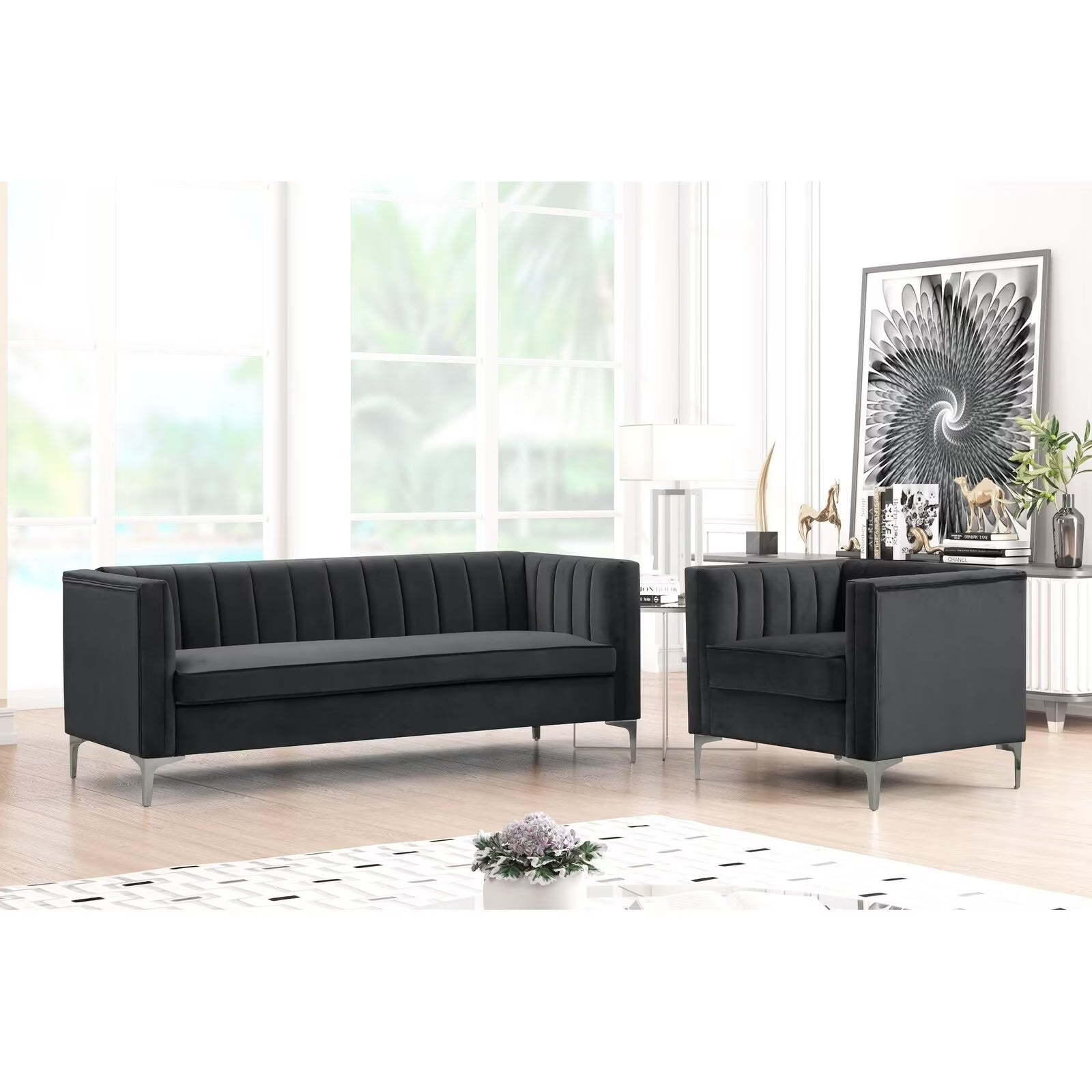 Grey Dutch Velvet Chair and Sofa Couch Set with Iron Legs M298