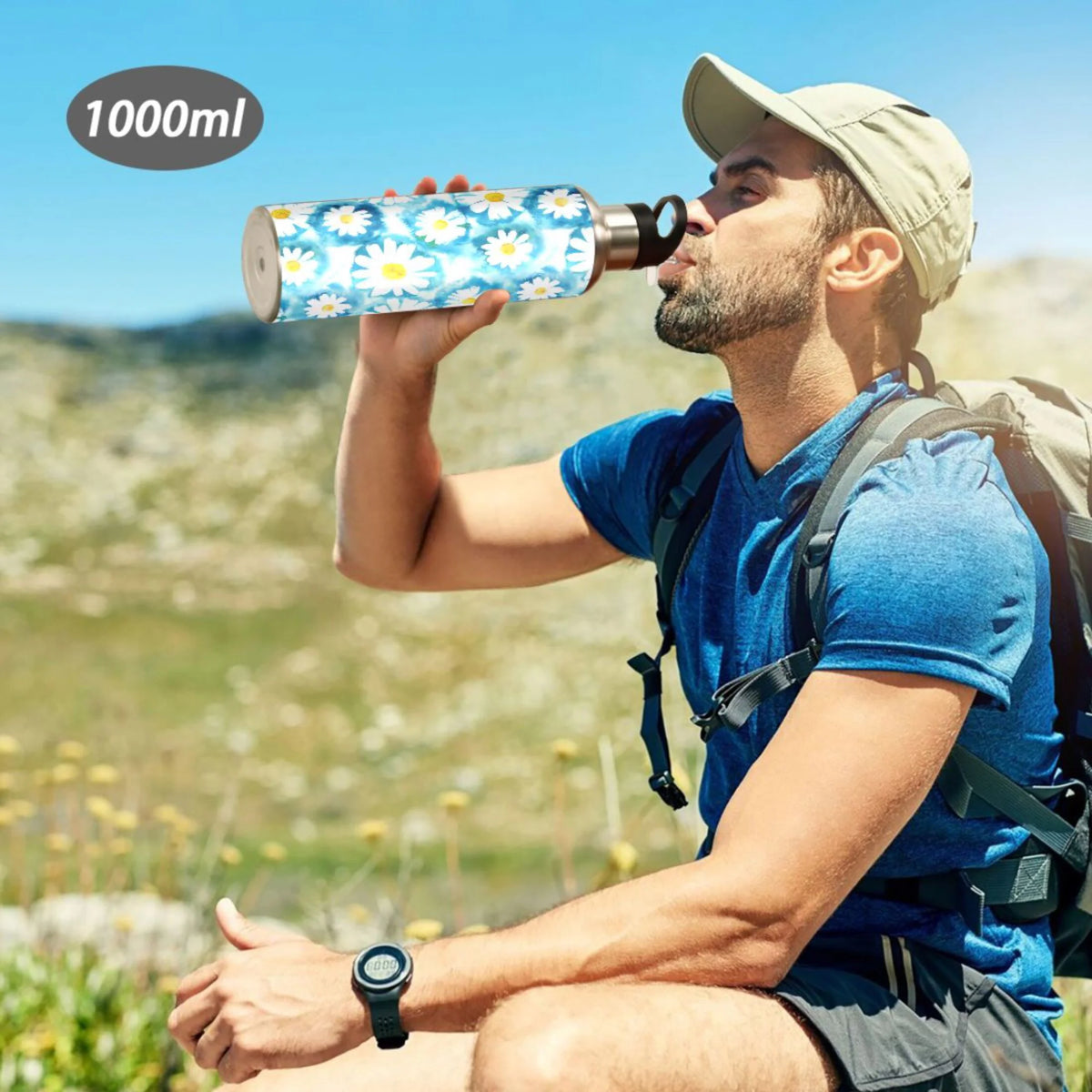 Blue Stainless Steel Insulated Water Bottle with Straw Lid Z6470