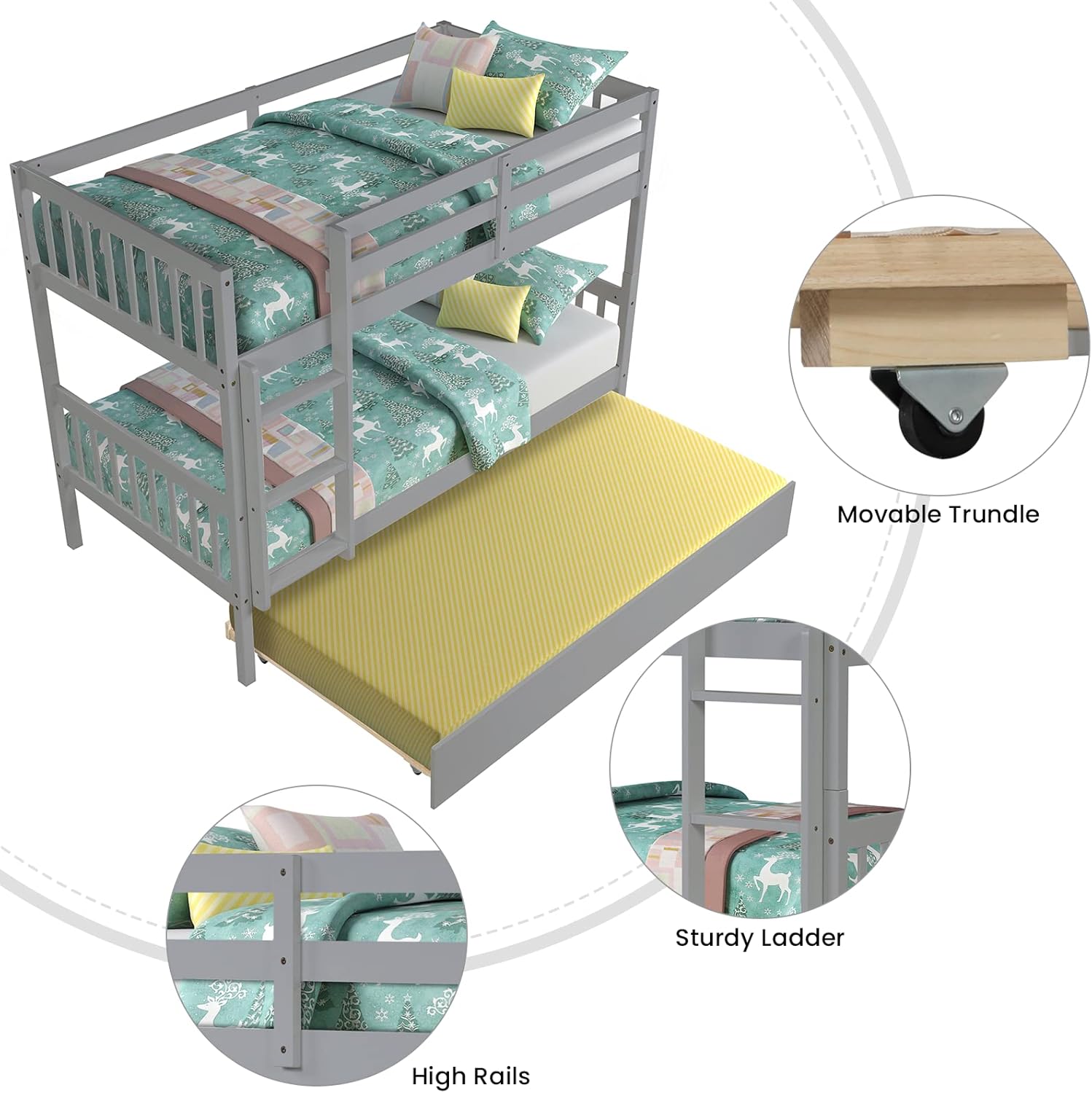 Twin Over Twin Solid Wood Bunk Beds with Trundle and Safety Rail and Ladder J646613