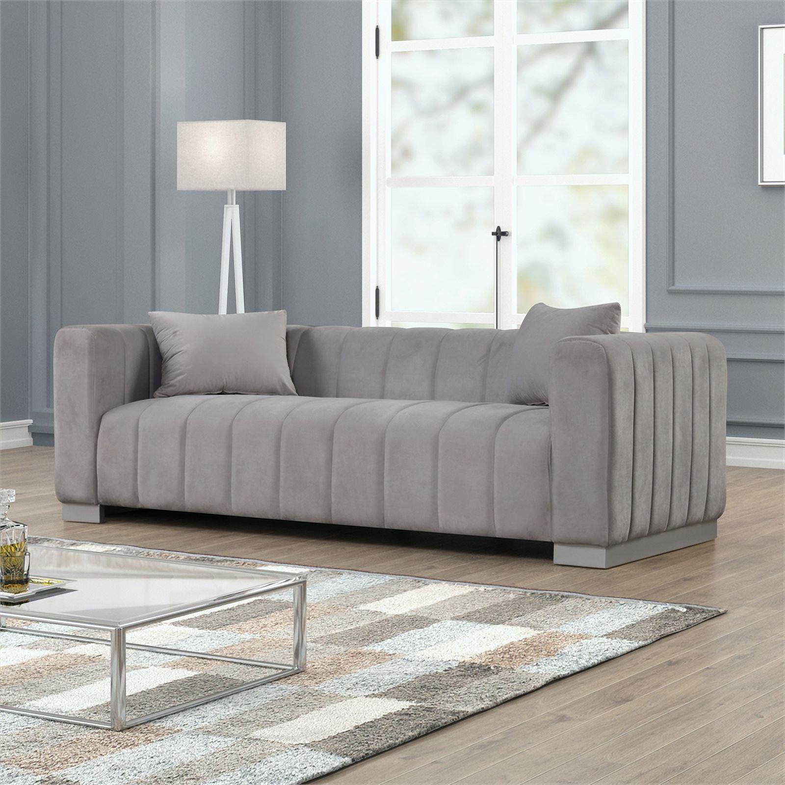 3-PC Velvet Sofa and 2 Armchairs Set Light Gray G80824