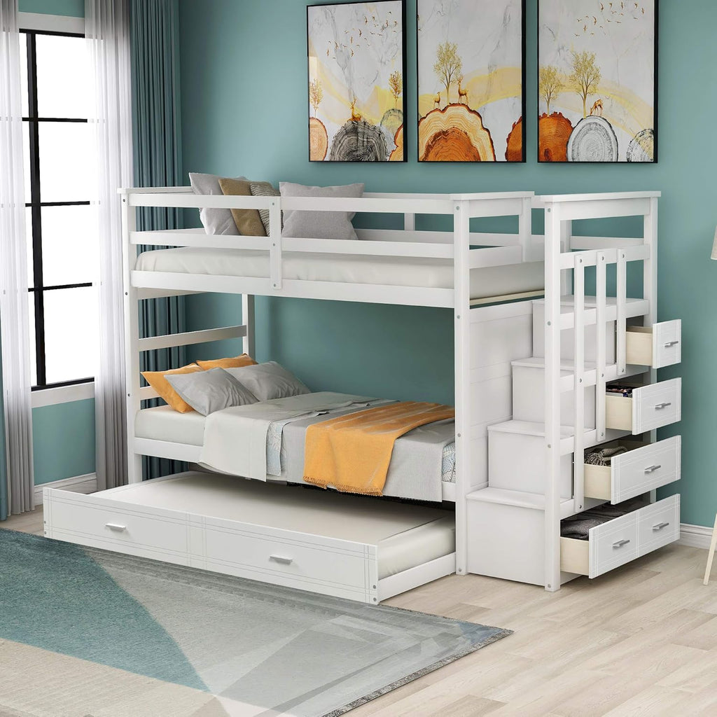 White Wood Twin Over Twin Bunk Bed with Trundle, Staircase, 4 Storage Drawers D47314