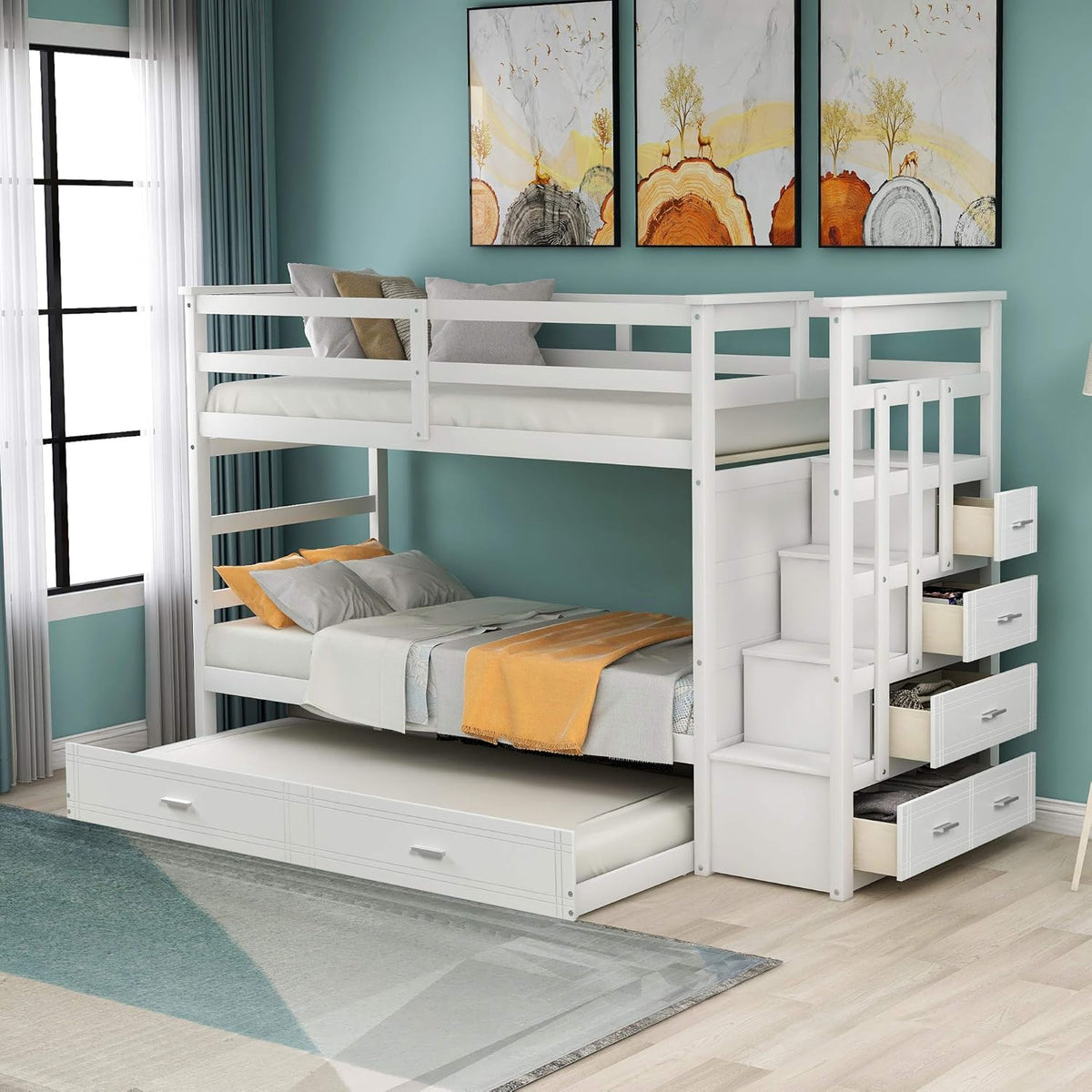 White Wood Twin Over Twin Bunk Bed with Trundle, Staircase, 4 Storage Drawers D47314