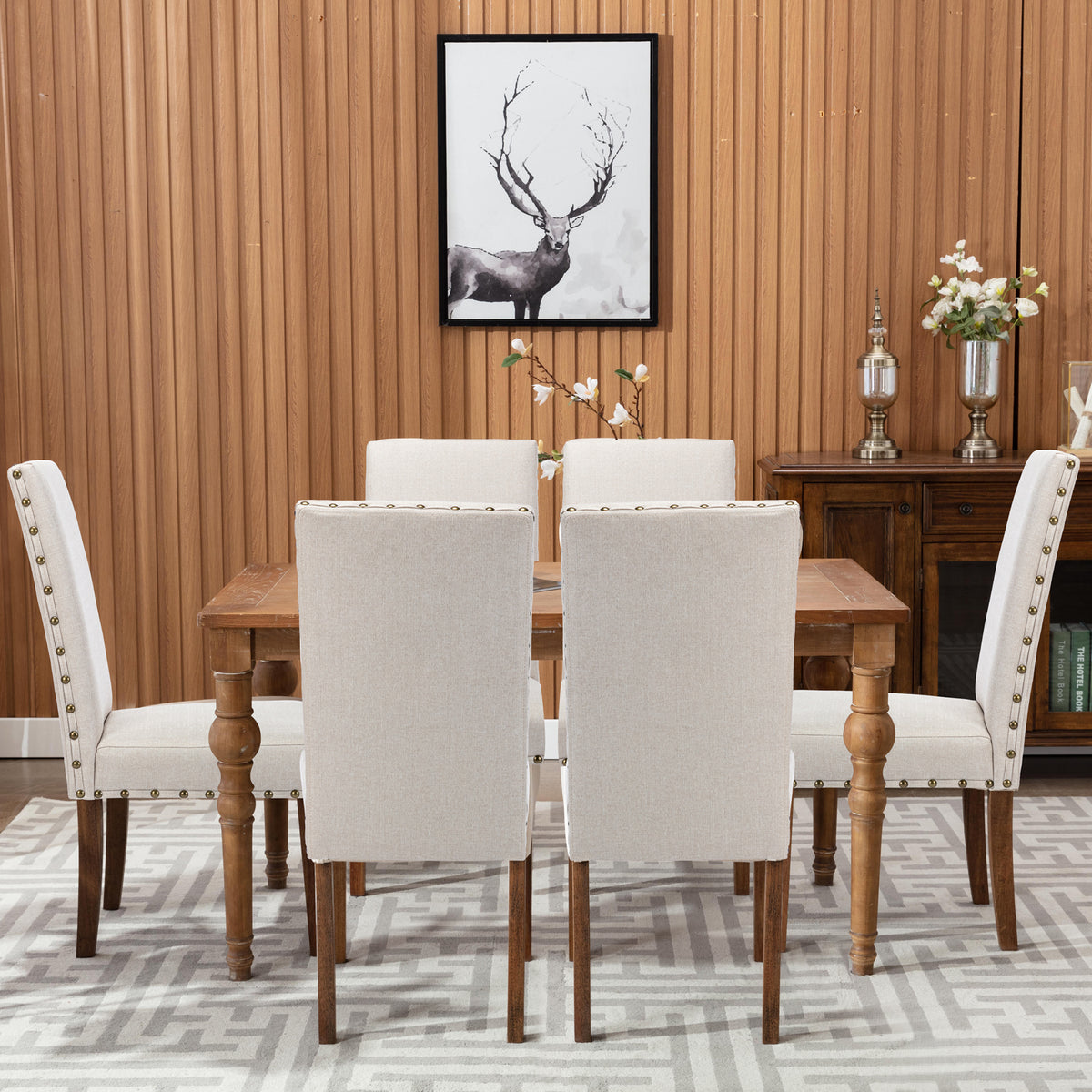 Beige Linen Solid Wood Parson Chair Set of 6 H5913