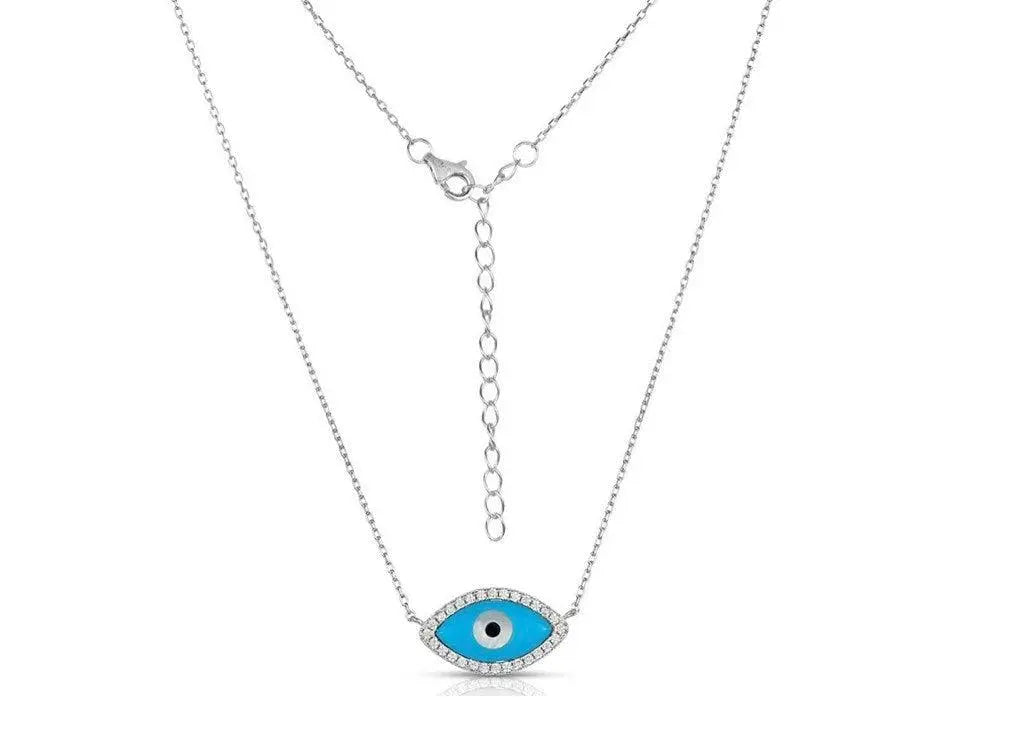 925 Sterling Silver Enameled Turquoise Evil Eye Pendant Necklace Choker R258