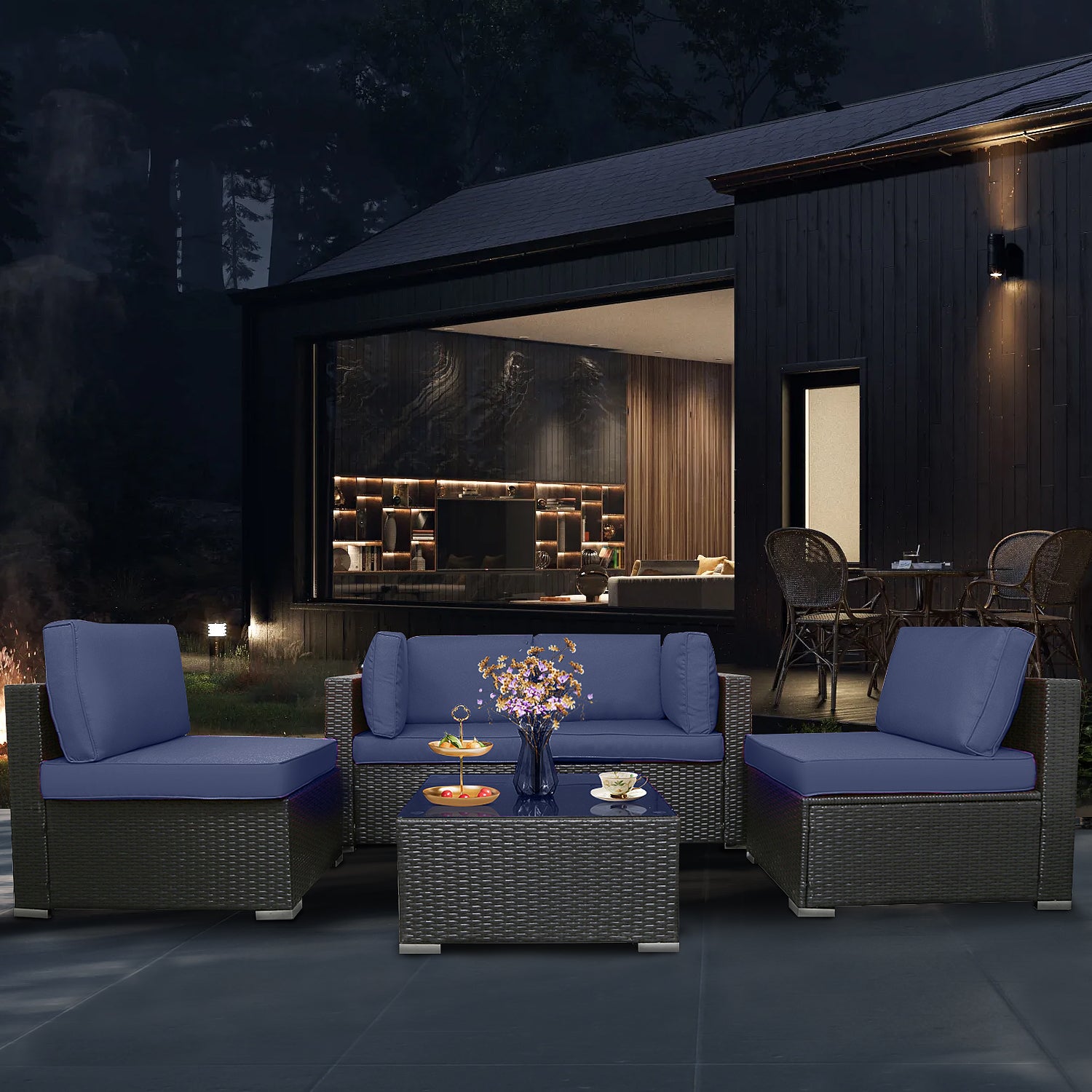 5 Pcs PE Rattan Patio Conversation Set O78626