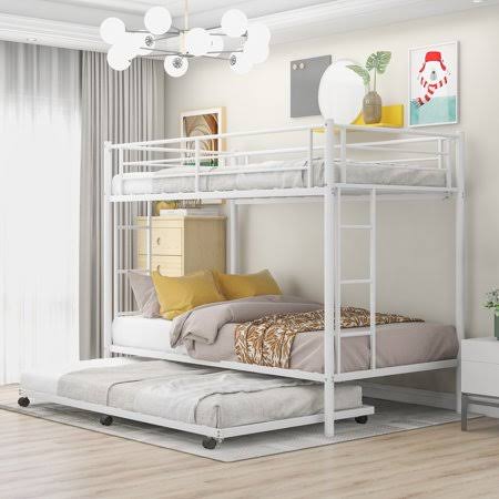 White Twin Over Twin Bunk Bed Frame with Trundle R9955
