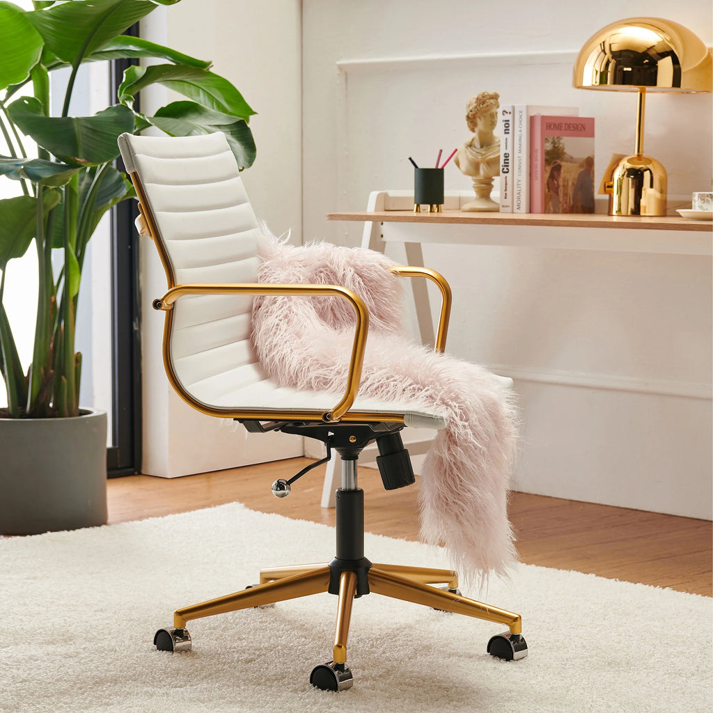 White Leather Adjustable Swivel Office Chair Y9398