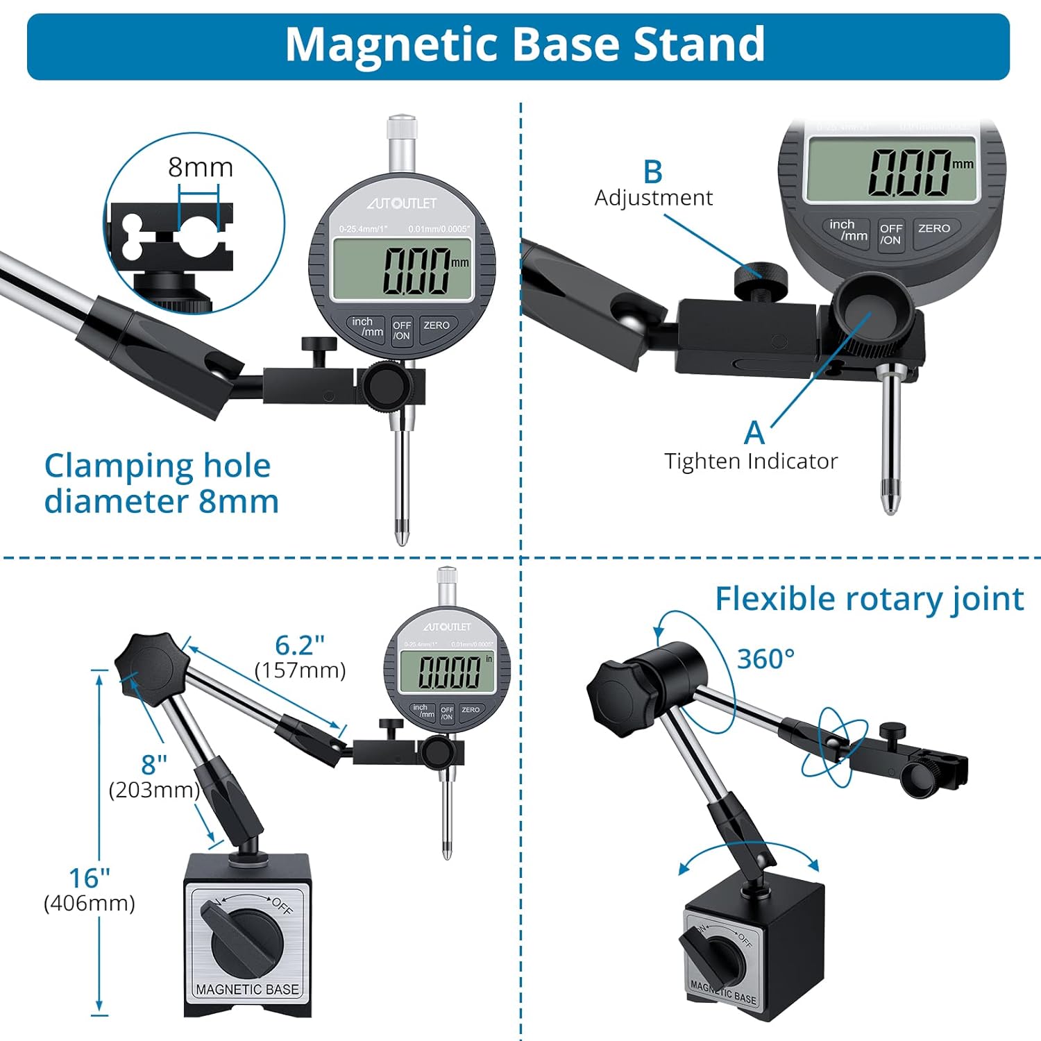 Digital Dial Indicator and Magnetic Base Kit with Portable Case, 25.4mm/1'', 16 Inch, 176Lbs Max Pull, Pack of 2 C326