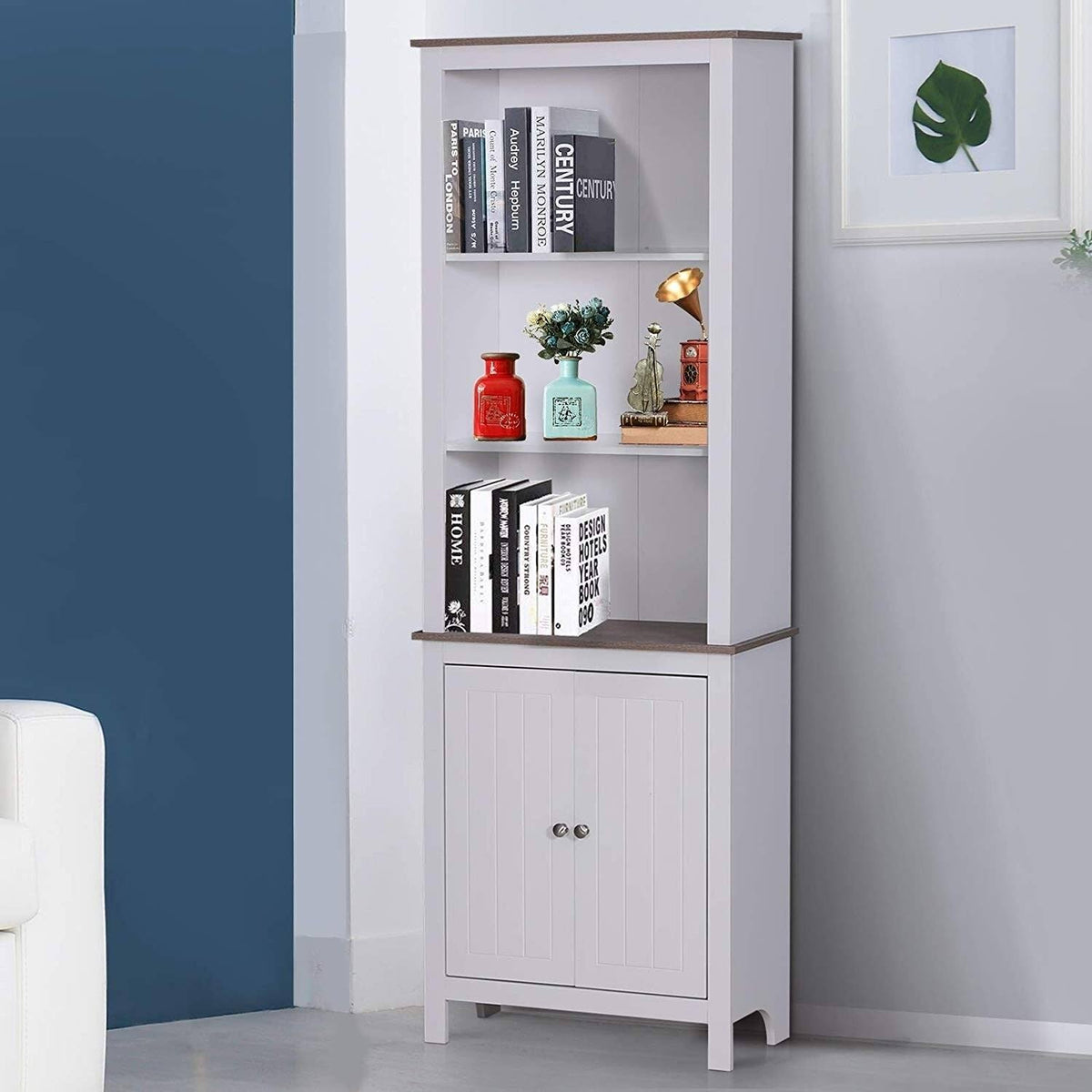 White Wood Free Standing Bathroom Linen Tower Storage Cabinet K954686
