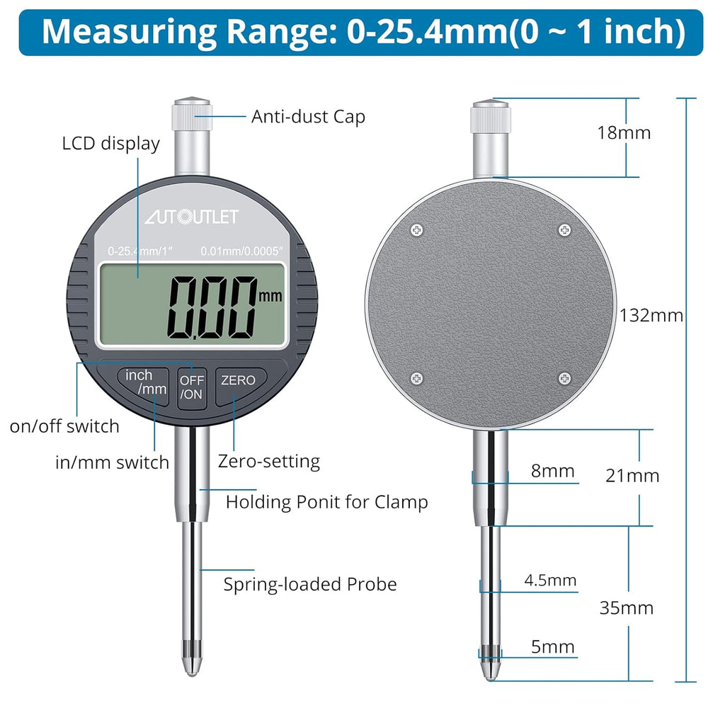 Digital Dial Indicator and Magnetic Base Kit with Portable Case, 25.4mm/1'', 16 Inch, 176Lbs Max Pull, Pack of 2 C326