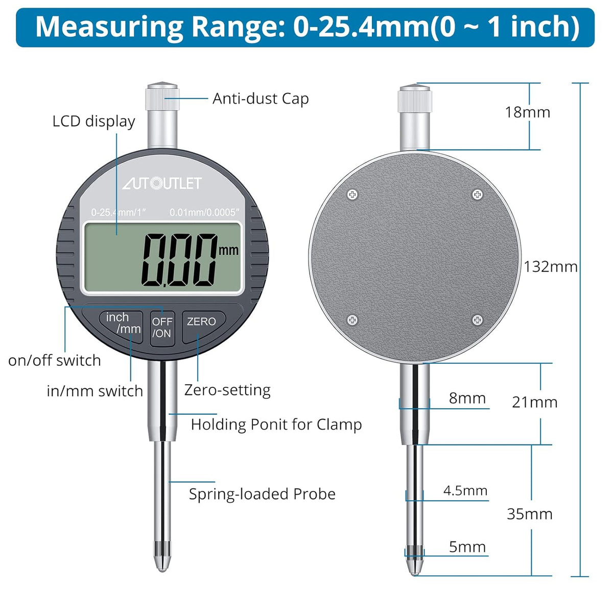 Digital Dial Indicator and Magnetic Base Kit with Portable Case, 25.4mm/1'', 16 Inch, 176Lbs Max Pull, Pack of 2 C326