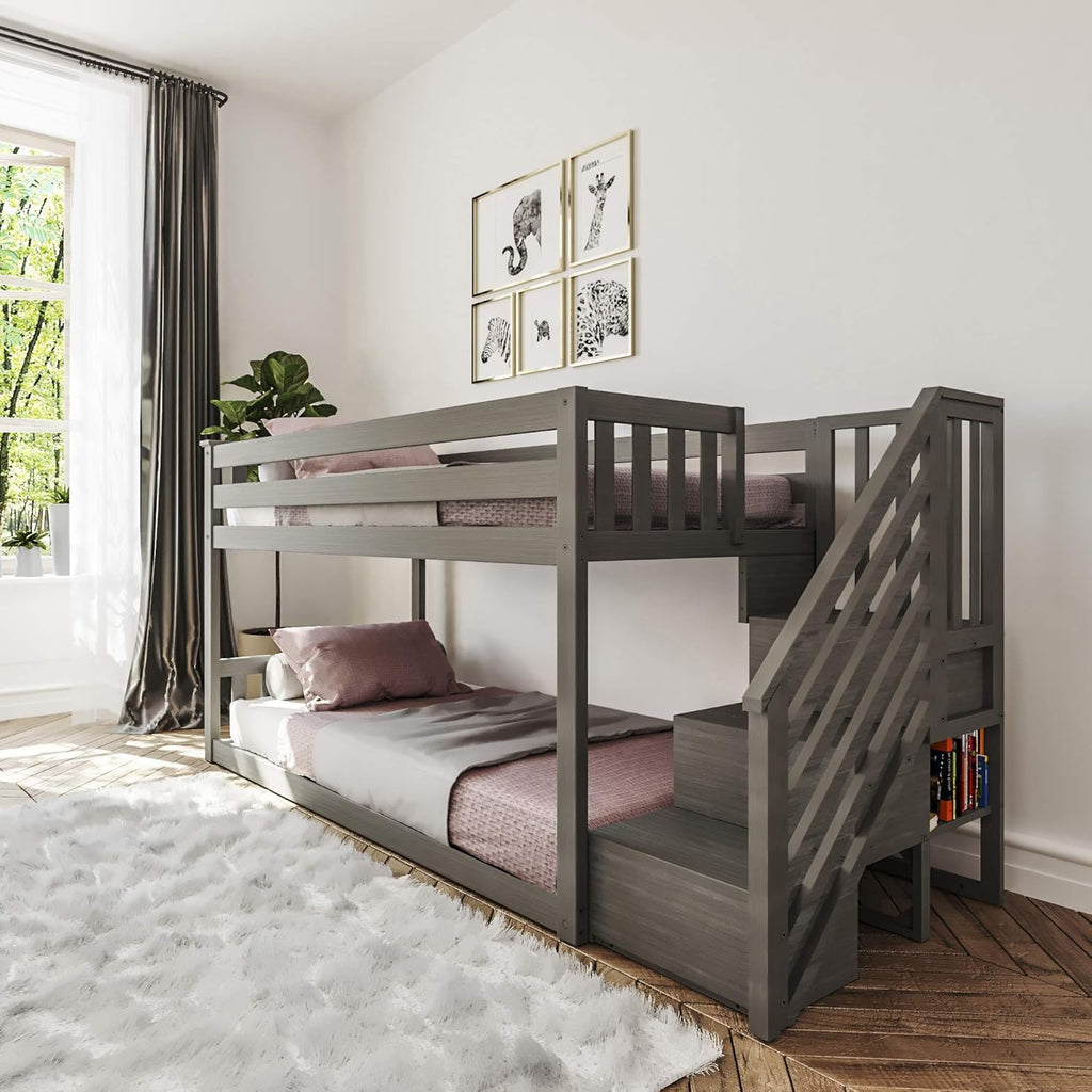 Twin Low Bunk Bed with Staircase, White Q71920
