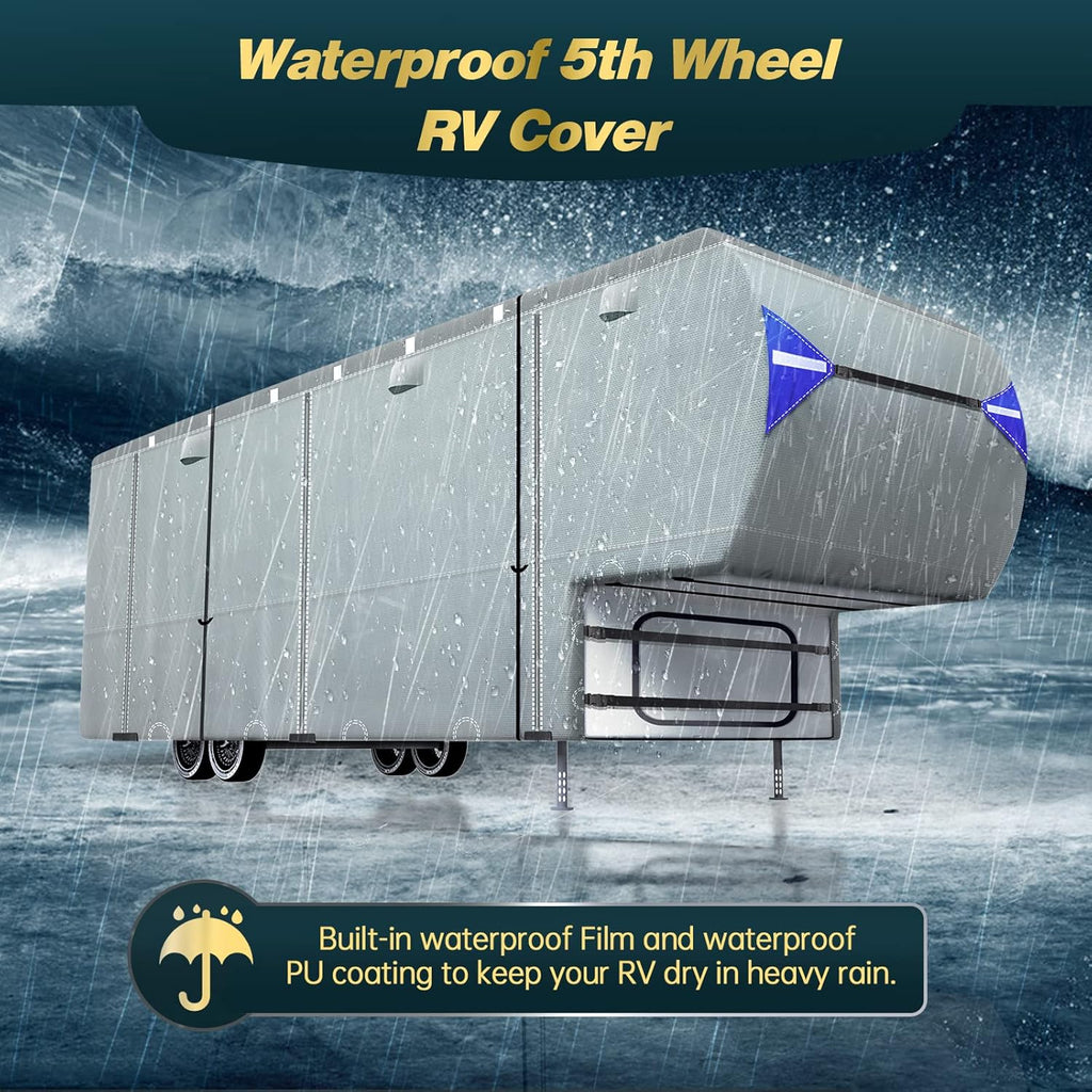 5th Wheel Travel Trailer Cover, 6 Layers Top RV Cover for 33’-37’ RV, Waterproof with 4 Tire Covers & 6 Gutter Covers J4426