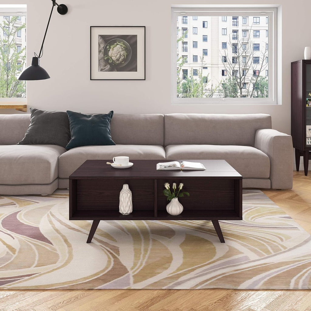 Walnut Lift Top Coffee Table with Hidden Compartment and Storage Cabinet D48009