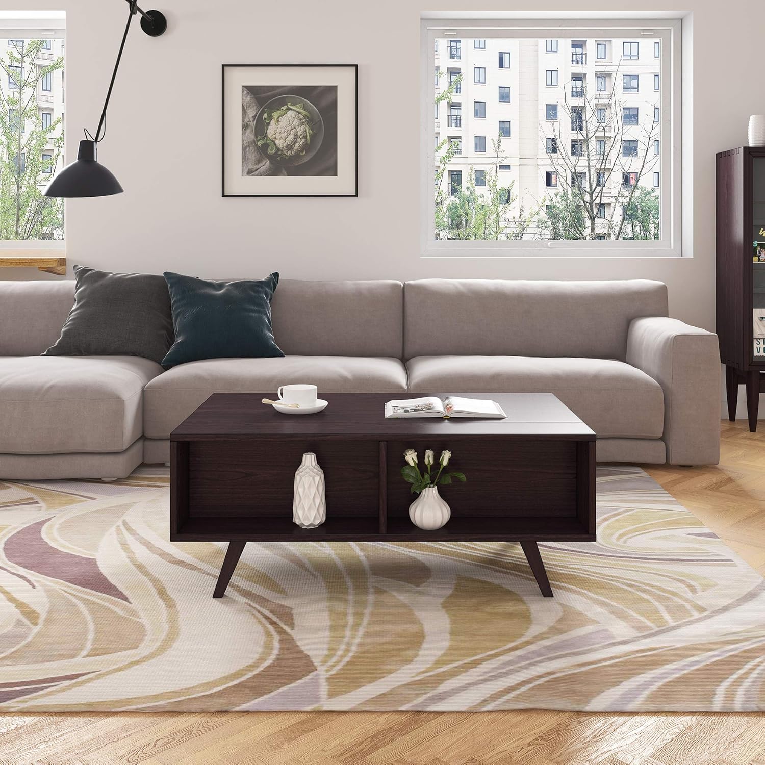 Walnut Lift Top Coffee Table with Hidden Compartment and Storage Cabinet D48009