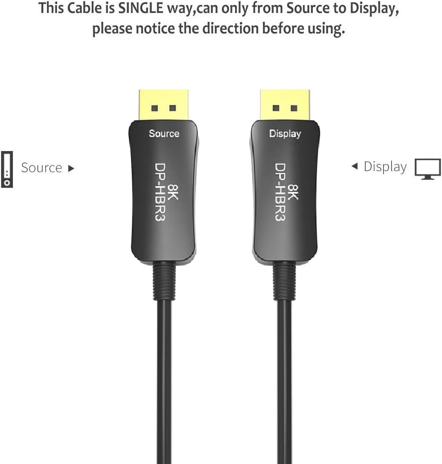 Fiber DP to DP Cable Male to Male 32Gbps 8k@60HZ 4K@140HZ, DP 1.4 Display Port, 33ft Pack of 2 F951641