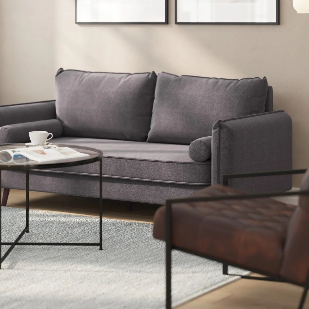 Compact Faux Linen Upholstered Sofa with Wooden Legs Stone Gray P7157