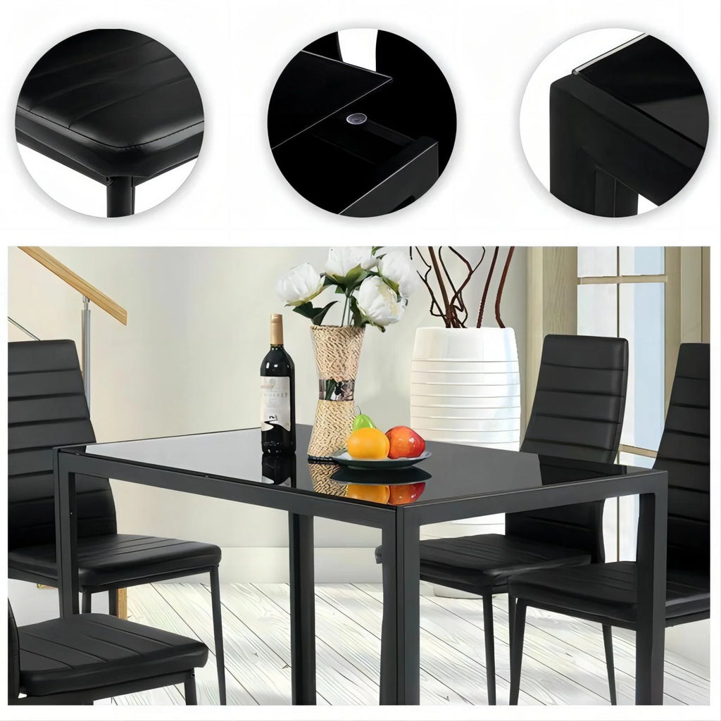 5 Piece Dining Table Set with Tempered Glass Table and 4 Faux Leather Chairs C5909