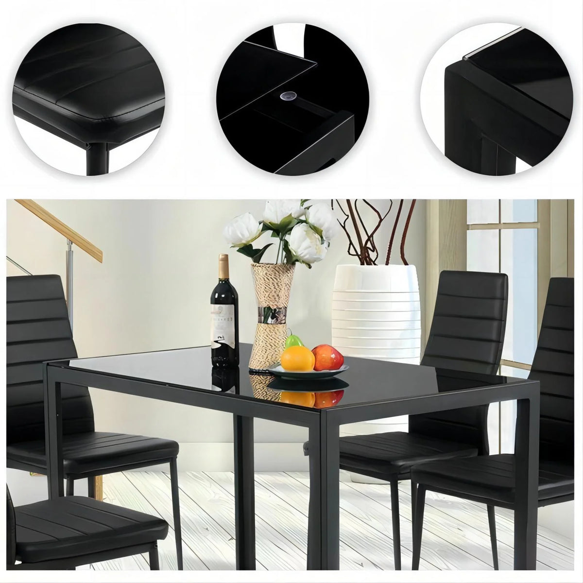 5 Piece Dining Table Set with Tempered Glass Table and 4 Faux Leather Chairs C5909