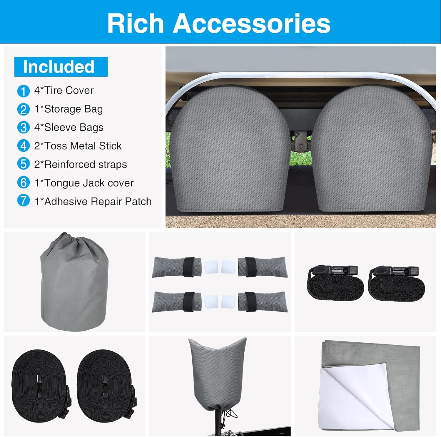 Heavy Duty RV Cover with 4 Tire Covers, Tongue Jack Cover, 2 Extra Straps, Gutter Cover V919