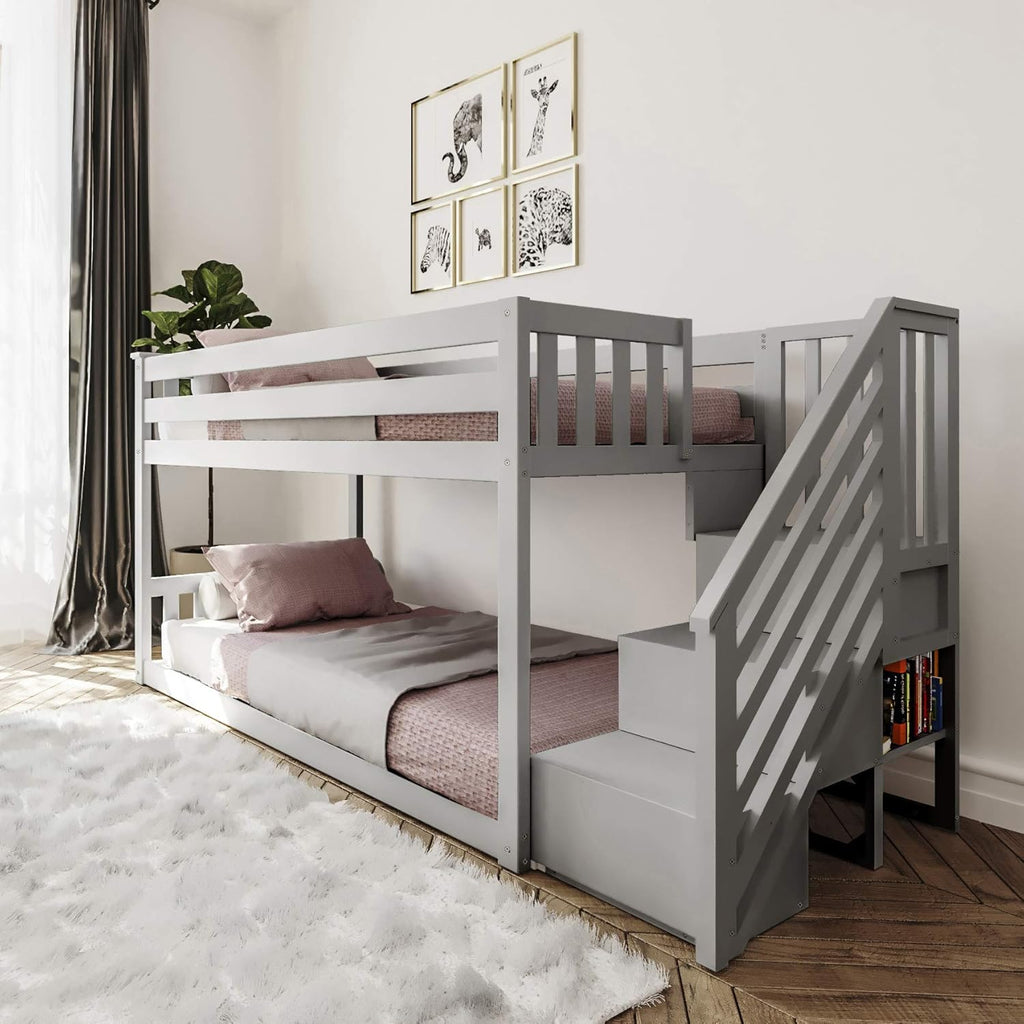 Twin Low Bunk Bed with Staircase, White Q71920